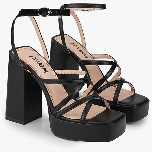 ISNOM Platform Chunky Block Heel Sandals with Open Square Toe size 7 - Picture 1 of 11